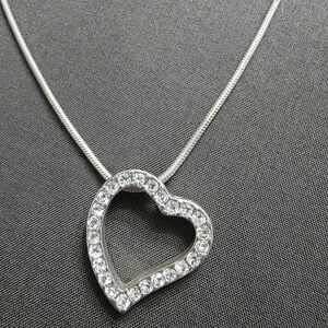Estate - Silver Tone - Heart Pendant Necklace - White Stones - Item 460